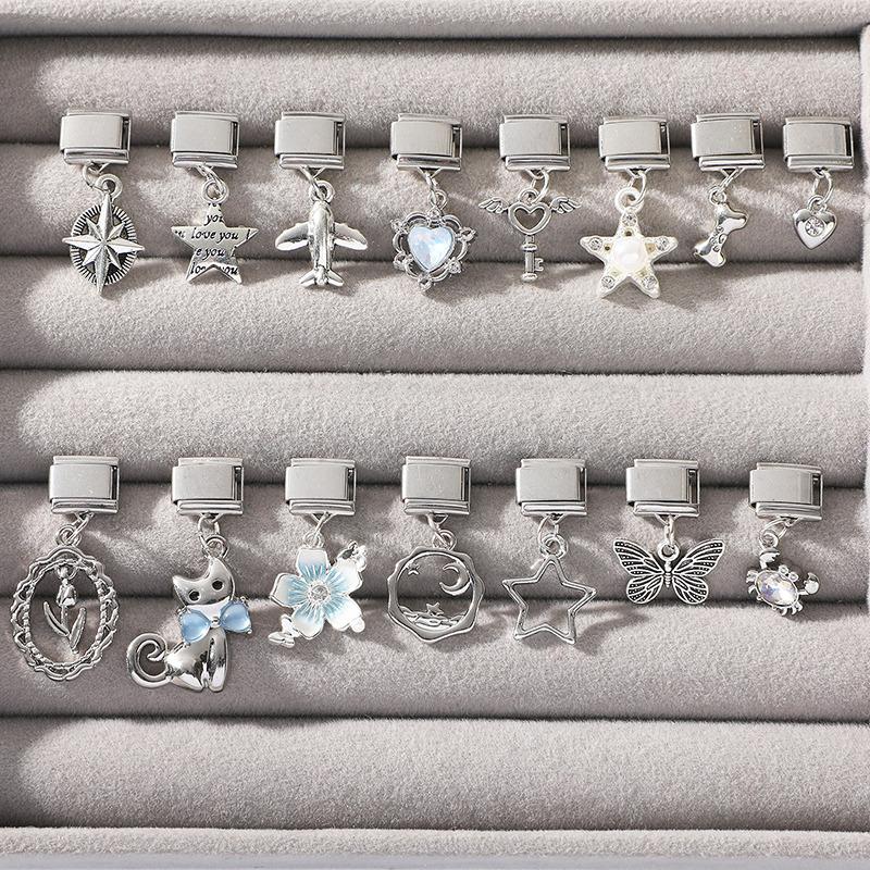 Glitter Bow Cat Butterfly Crab Star Flower Pendant Italian Charm Links Fit 9mm Stainless Steel Bracelet Women DIY Making Jewelry