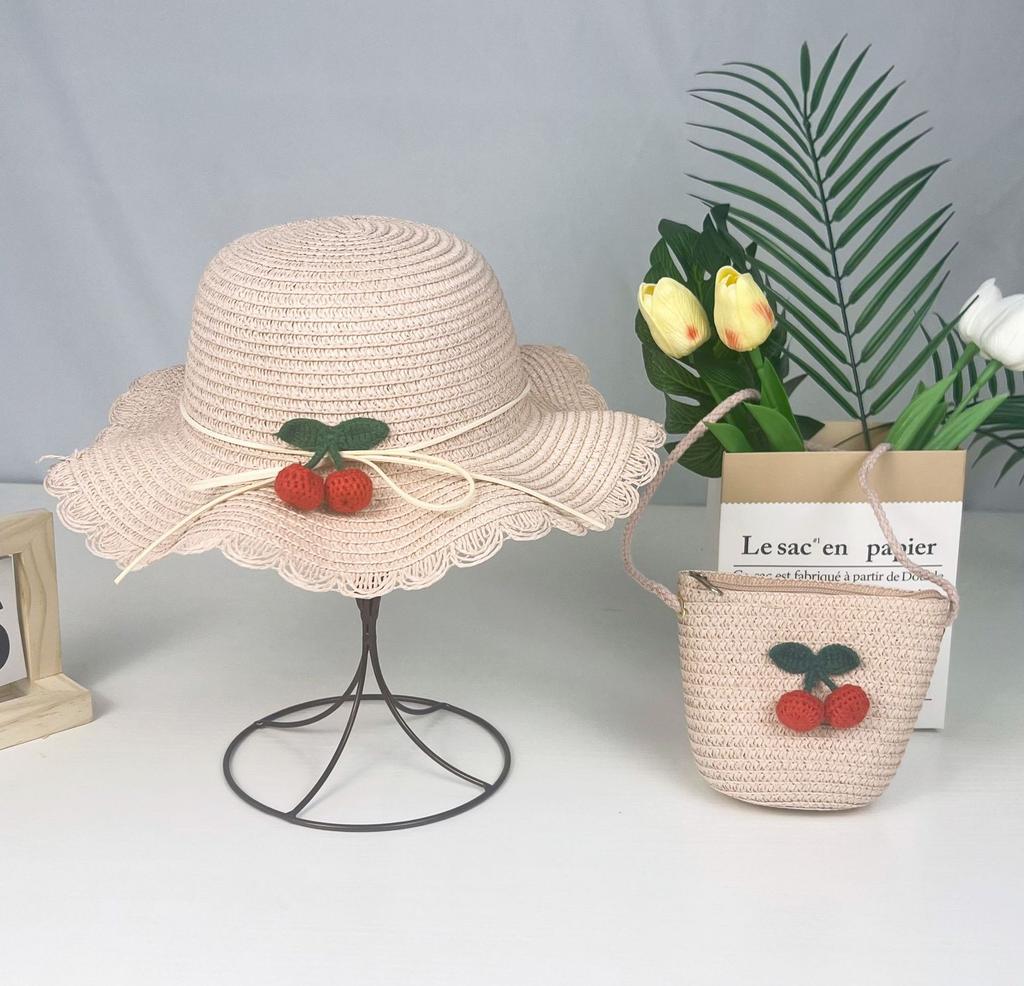 Children Straw Hat + Shoulder Bag Summer Kids Girl Baby 2pcs Set Cute Cherry Bucket Hat For Outdoor Beach Holiday