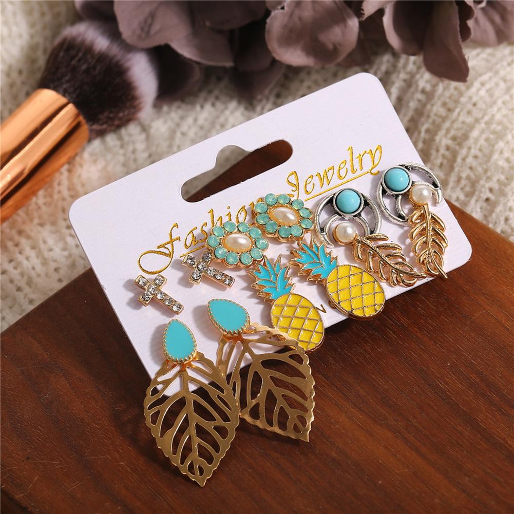 6Pairs/Set Alloy Jewelry Bohemian Vintage Style Ear Stud Pineapple Earring Set Flower Leaves