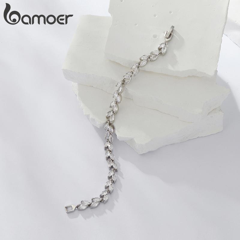 BAMOER White Gold Plated Sparkling Cubic Zirconia Classic Olive Leaf Bracelet, Gold Bracelets for Women Fashion Jewelry