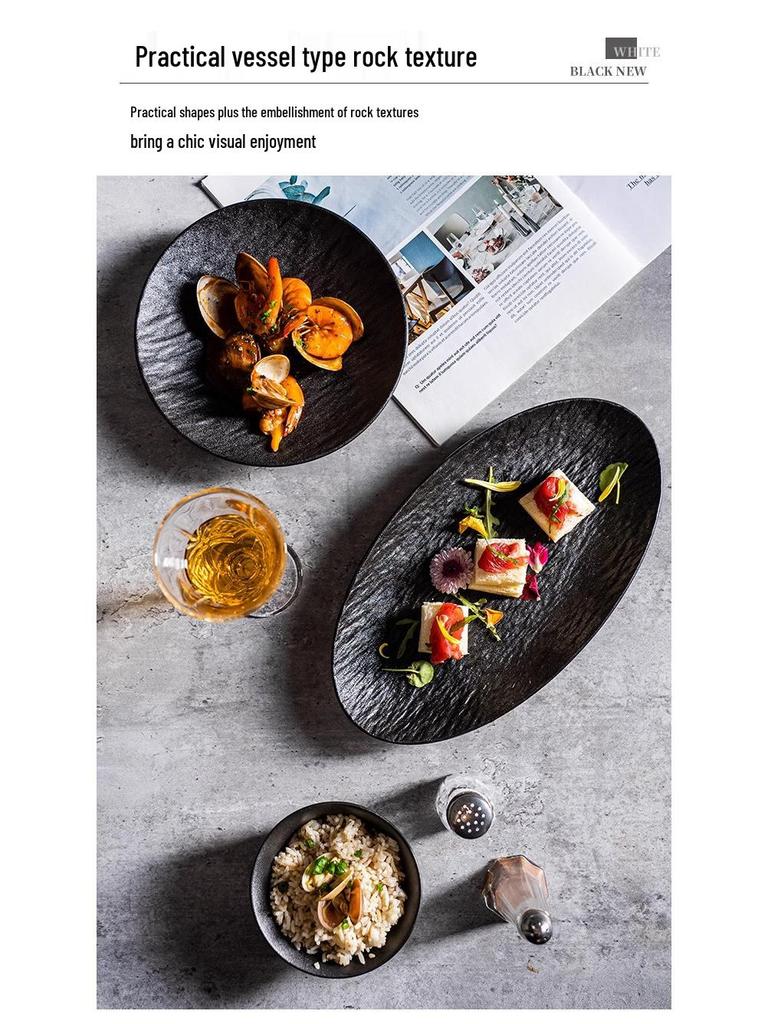 Luxe Keramisch Westers Steak- en Dessertbord met Steenstructuur - Perfect voor Hotels en Huizen