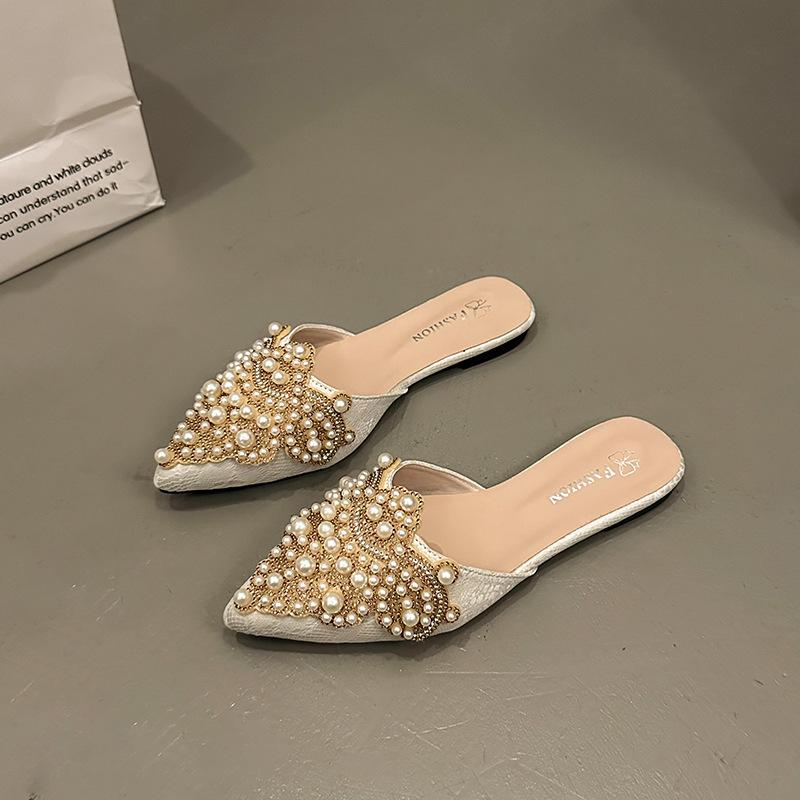 Temperament Bag Head Lace Women's Shoes Flat Pointed Half Slippers Women's Summer Cool Slippers Pearl Rhinestone Lazy Slippers