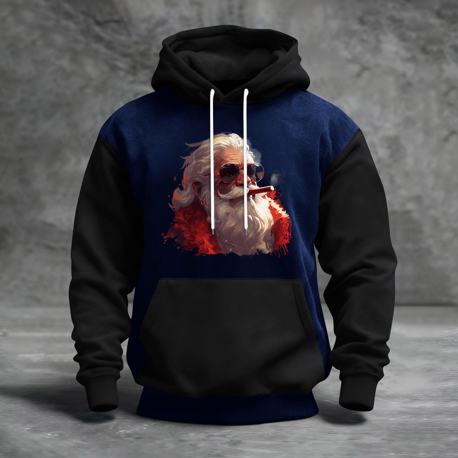 

Мужской рождественский свитшот с капюшоном, повседневный, спортивный, удобный, с цветными блоками и принтом M чёрный