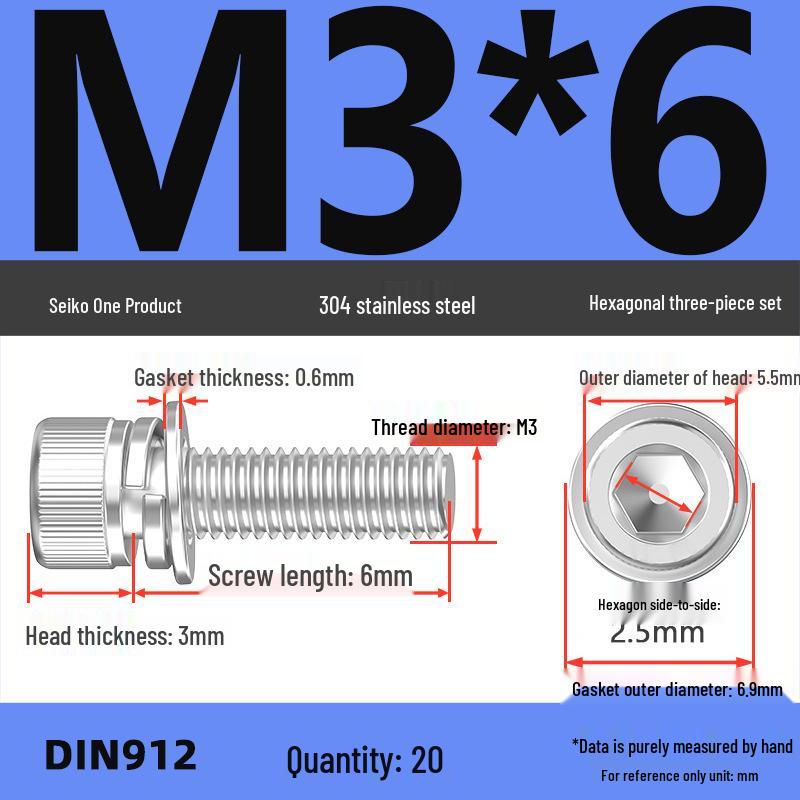 304 Stainless Steel Hex Socket Cap Screw with Washer - Sizes M3, M4, M5, M6, M8, M12