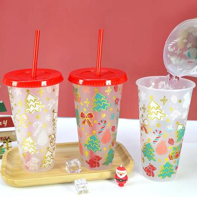 Christmas Color Changing Plastic Straw Cup Santa Design Reusable Cup with Lid for Party Iced Drinks Mug Xmas Gifts Navidas Cup