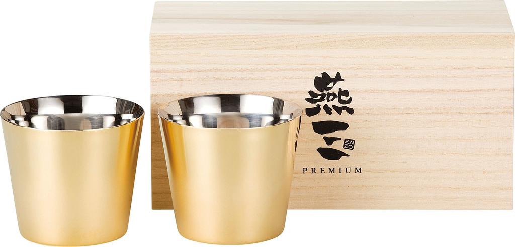 Wahei Freiz Stainless Steel Cup, 260ml, Tsubamesan Premium, Gold-Plated, Set of 2, Wooden Box, EM-9404