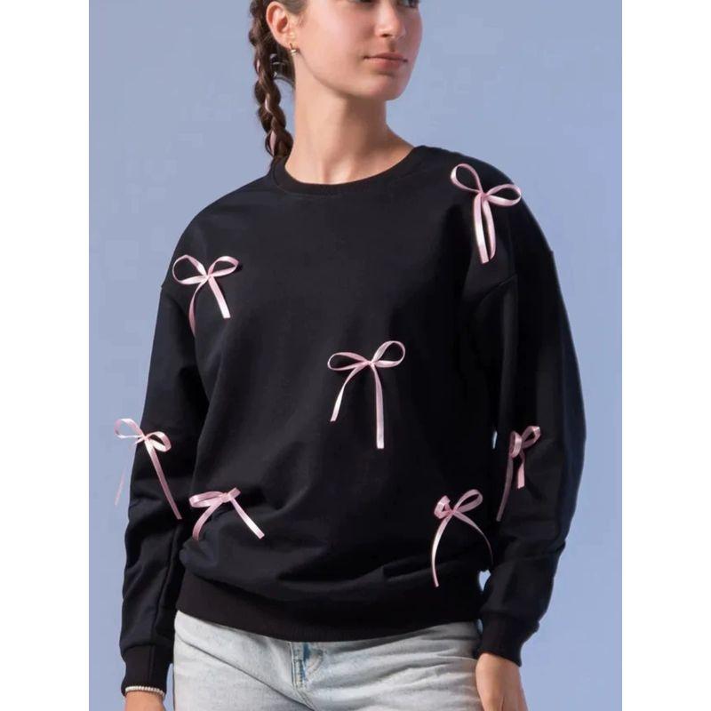 

Fashion Style Three-Dimensional Decoration Bows Loose round Neck Sweater Top Bow Tie round Neck Top Black (thin) thin 3XL