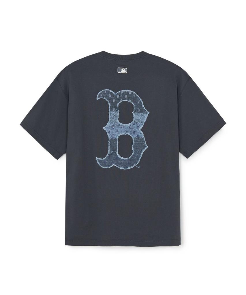 Emelbi Vintage Denim-Like Monogram Big Lux Oversized Short Sleeve T-Shirt Bos (D.Grey)