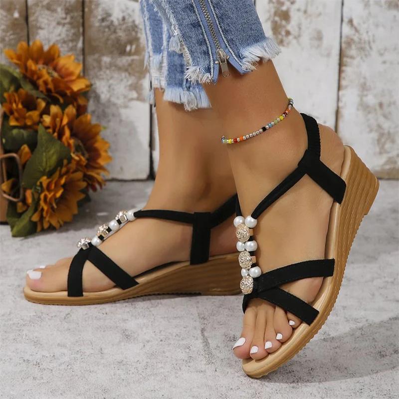 Beaded Women Wedges Sandals Platform Shoes Summer Dress Beach Slippers 2024 Designer New Flip Flops Pumps Femme Zapatos Slides