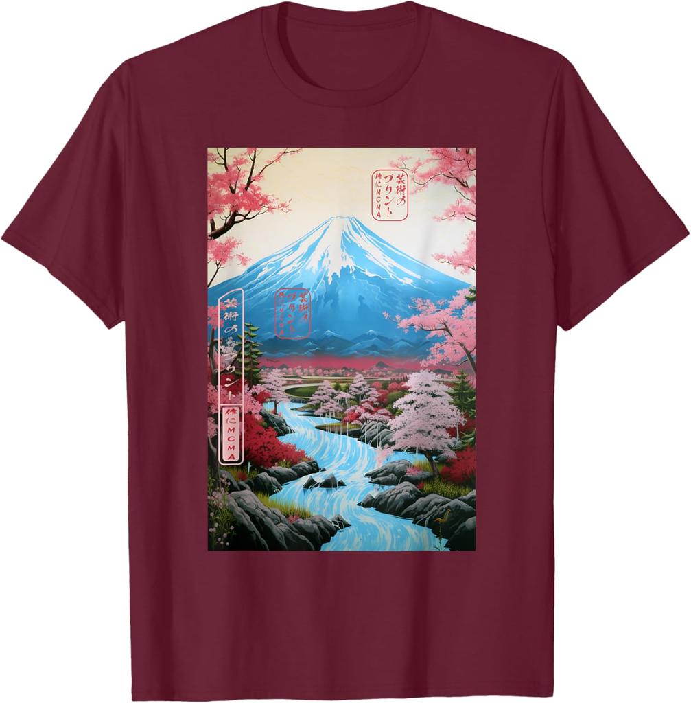 Mount Fuji Ukiyoe Cherry Blossom Graphic TShirt Soft Cotton Casual Short Sleeve Tee for Men