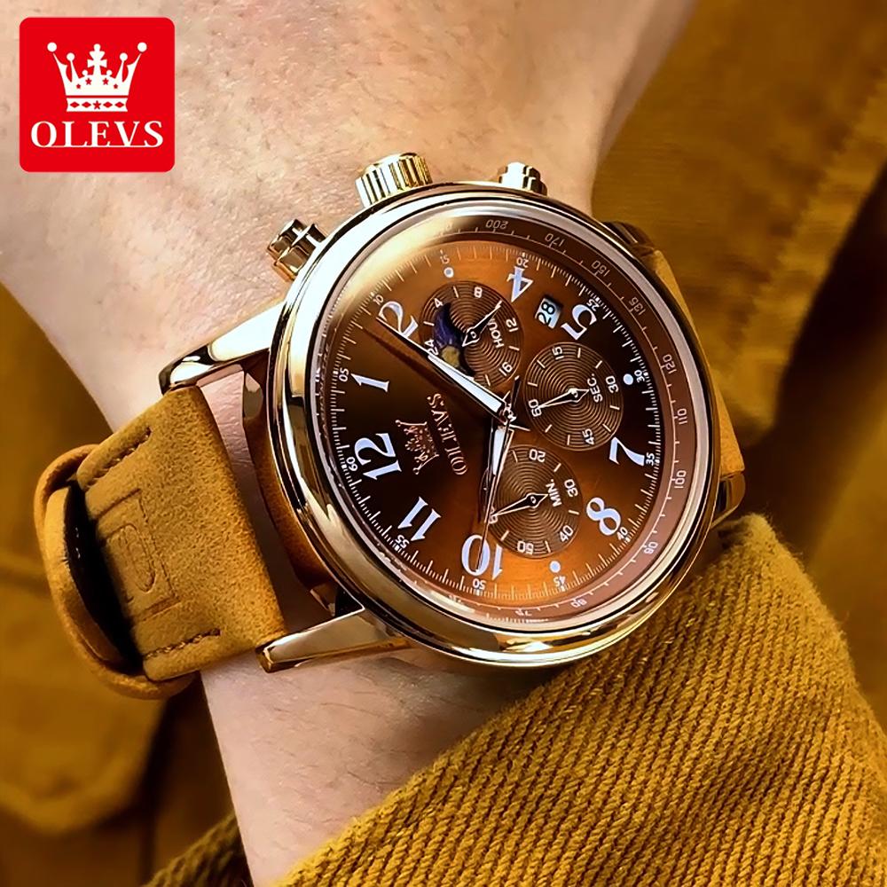 OLEVS Men's Watches Casual Fashion Leather Strap Waterproof Original Quartz Wristwatch for Man Moon Phase Date Chronograph 2912
