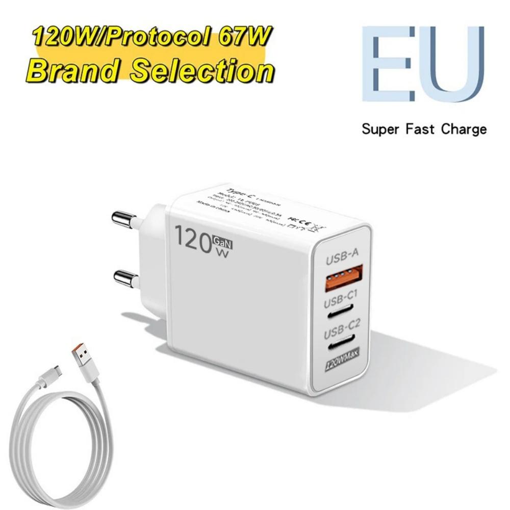 120W GaN USB Charger 3 Ports Fast Charging Phone Charger 6A Type C Cable For Mate 40 50 60 Honor EU/US Plug Wall Charger