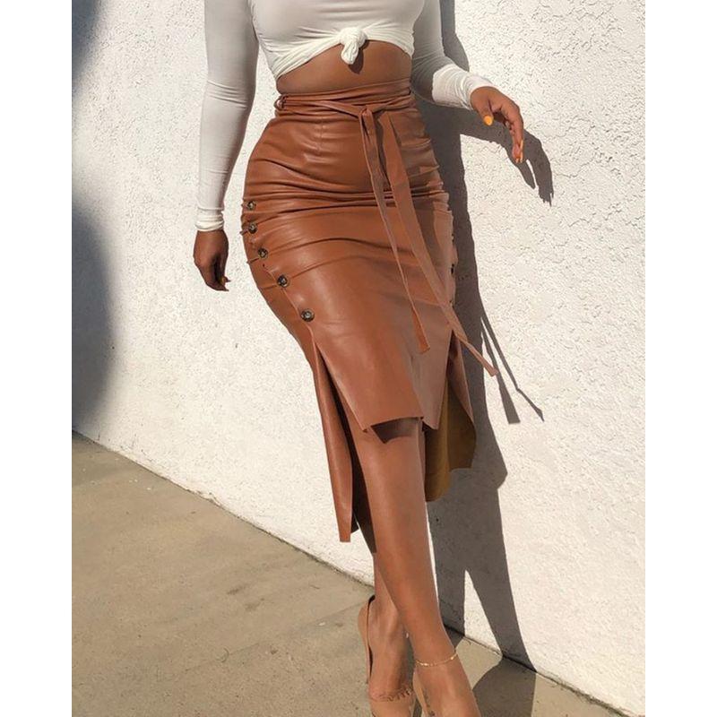 Solid Color Lace up Waist Hugging Skirt Pure Color Tied Sheath Skirt for Women