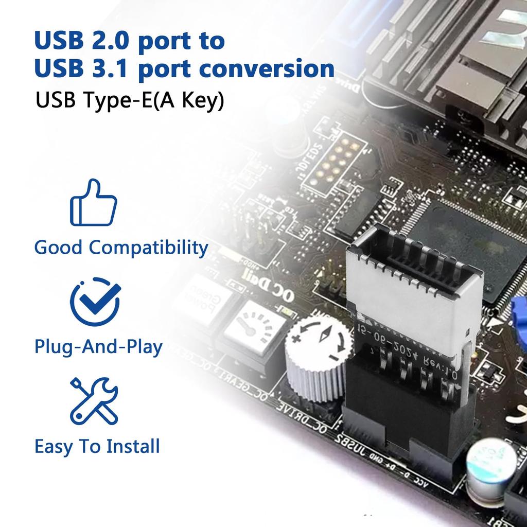 1pcs USB 2.0 to USB 3.2 Gen 1 Header Adapter for Mainboard with Type E Key-A Female Front Panel Socket to 9 Pin Header Internal