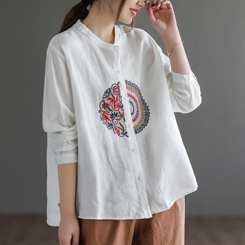 Women Vintage Embroidery Button Up Shirts Elegant Stand Collar Cotton Linen Blouses Casual Long Sleeve Oversized Irregular Tops