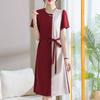 Chic Color-Block High-End Chiffon Midi Dress with Round Neck and Waist-Cinching Design for Women