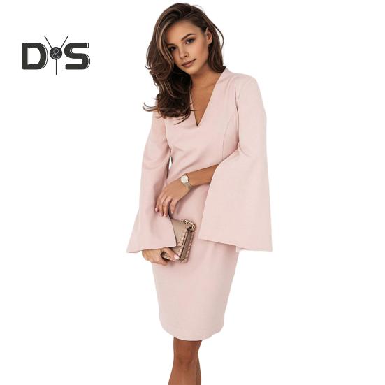 Жіноча сукня осінь-літо з довгими розрізами, роговими рукавами, V-подібним вирізом, приталена суцільна кольорова ділова офіційна вечірка OL Сукня міді для поїздок