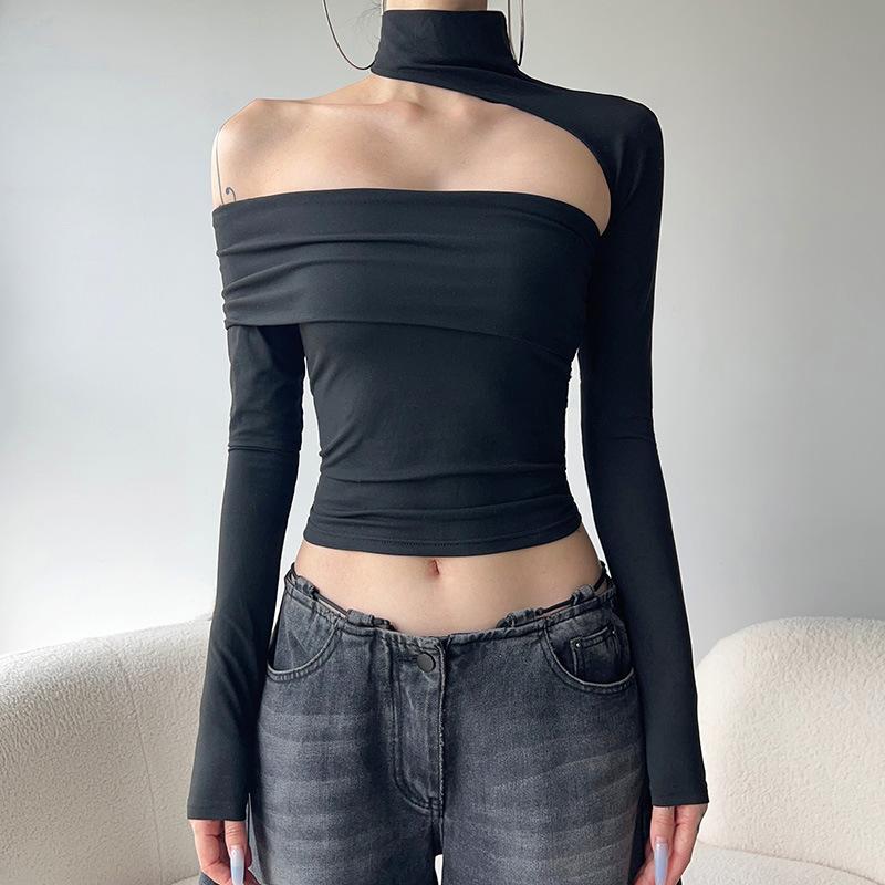 European and American Style Spice Girl Hanging Neck Asymmetrical Long-sleeved Off-the-shoulder Flanged Tube Top Fashion Street Personality Casual T-sh
