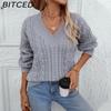 BITCED Autumn/Winter Women's Knitted Sweater Loose-fit Pullover Retro Cable-knit V-neck Long-sleeved Solid-colour Jumper