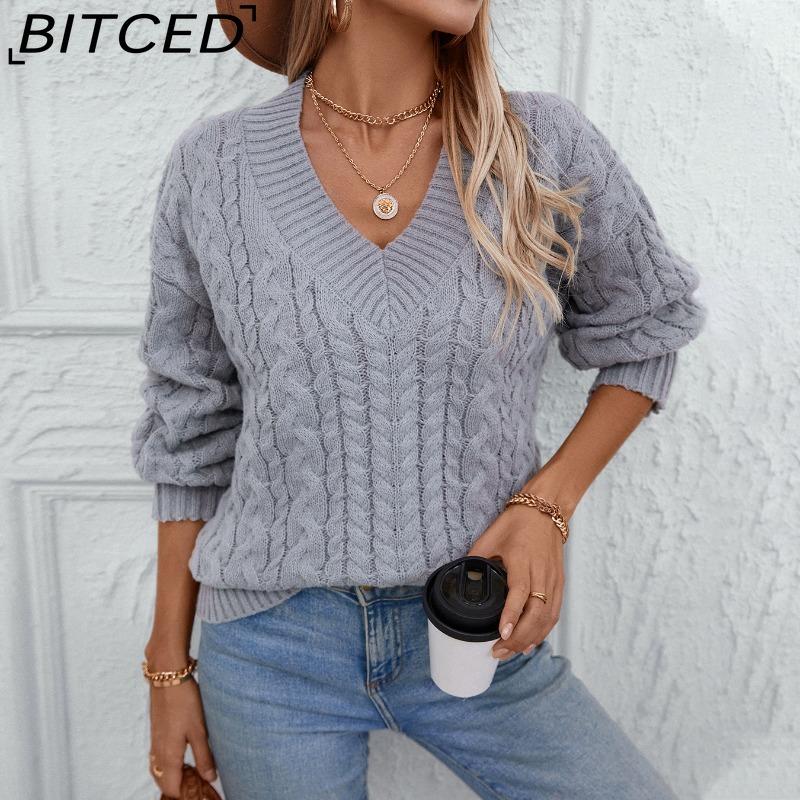 BITCED Autumn/Winter Women's Knitted Sweater Loose-fit Pullover Retro Cable-knit V-neck Long-sleeved Solid-colour Jumper