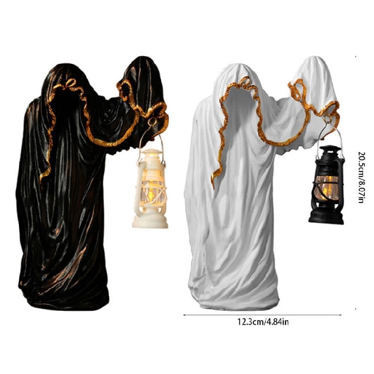 Halloween Wizard Holding Lanterns Sculpture with Intricate Carving Weather Resistant Resins Ornament For Mystical Displays