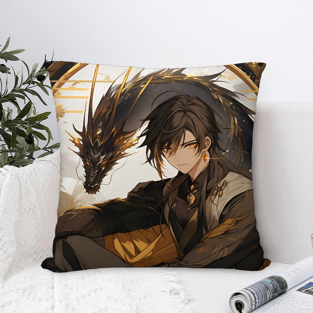 Zhongli Genshin Impact Pillow Case Sofa Decorative Home Double-Sided Printing Short Plush Cushion Cover Throw Pillow Cover
