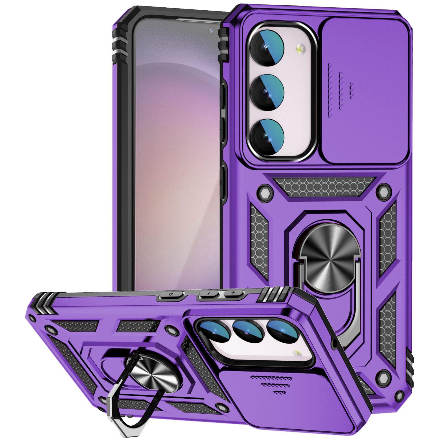 

For Samsung Galaxy S23 FE Case Slide Camera Lid PC+TPU Cellphone Cover with Ring Kickstand Purple