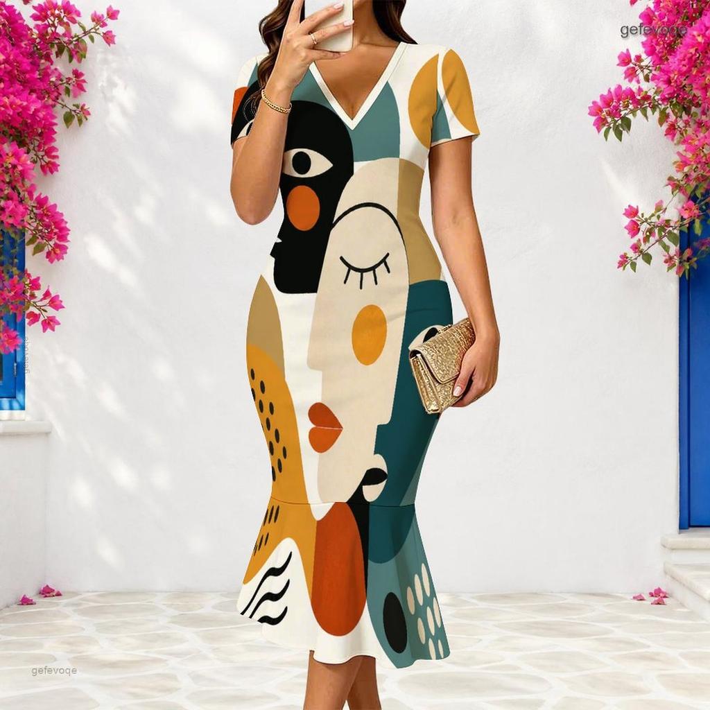 Women Plus Size V Neck Short Sleeve Fitted Abstract Printed Fishtail Dress