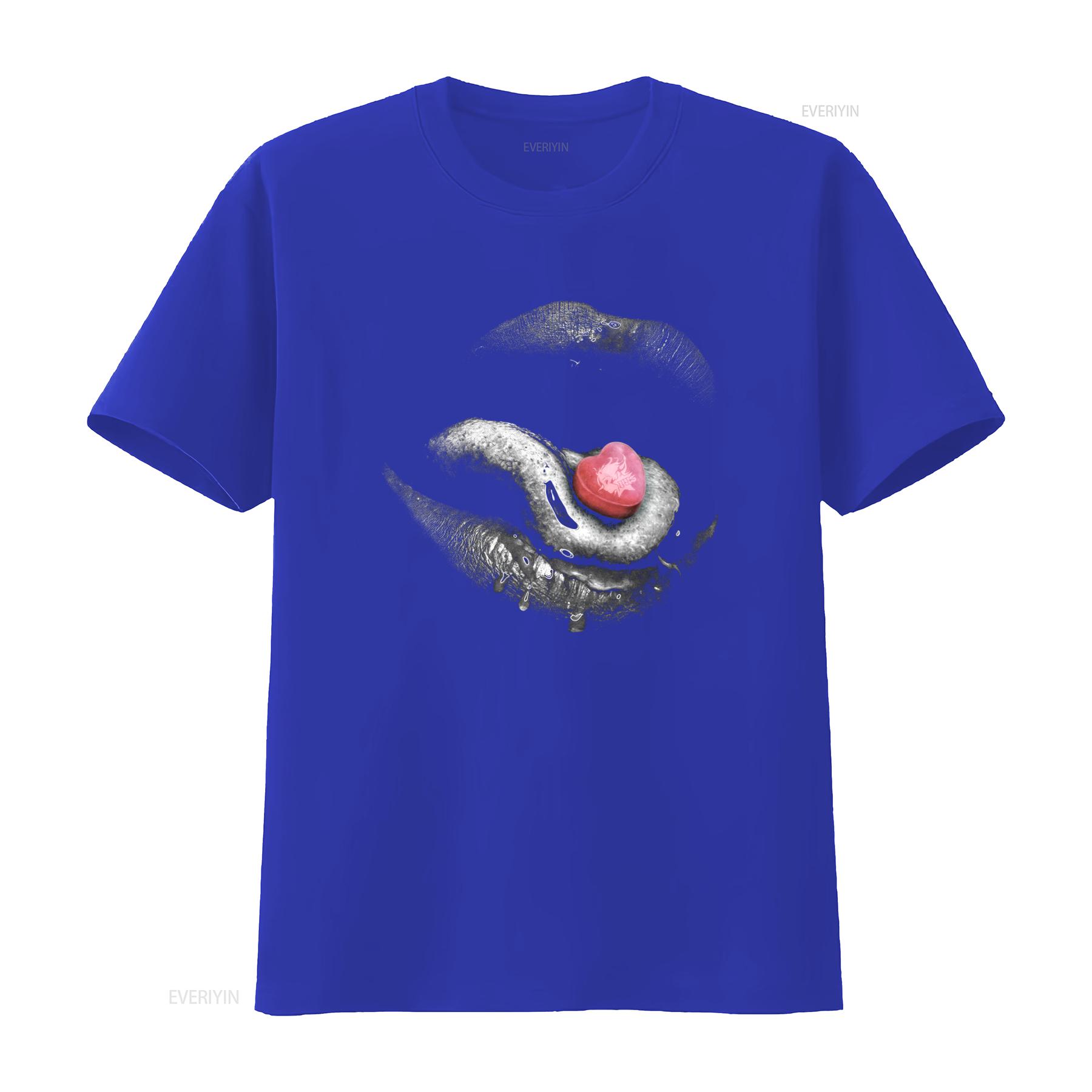 

Candy Mouth Print Cotton Crew Neck T Shirt Y2K Fashion Streetwear for vintage Washed homme Stylish Slightly Breathable Casual S