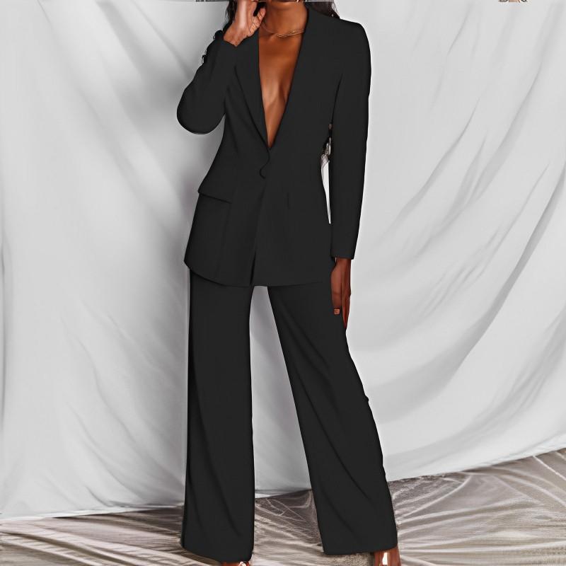 Womens Fashion Long Sleeve Blazer Straight Pants Set Office Work Elegant Solid Color Outfit