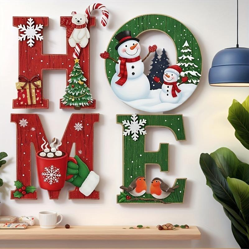 European Style Christmas Wooden Wall Signs (1 Set)–Self-Adhesive!Snowman/Reindeer Design,Perfect Farmhouse/Modern Decor for Home