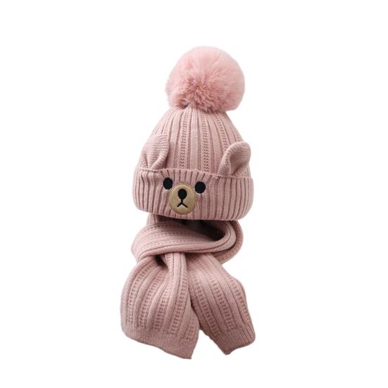2Pcs/Set Children Hat Scarf Set Plush Ball Decor Bear Pattern Thickened Soft Touch Windproof Kids Knitting Hat Long Scarf Set