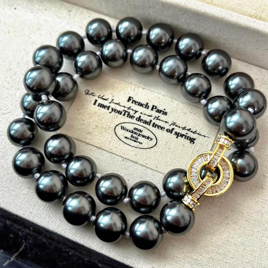 Vintage 12Mm Dark Black Shijia Zhengyuan Strong Light Tahitian Black Pearl Necklace Women S High-End Atmosphere