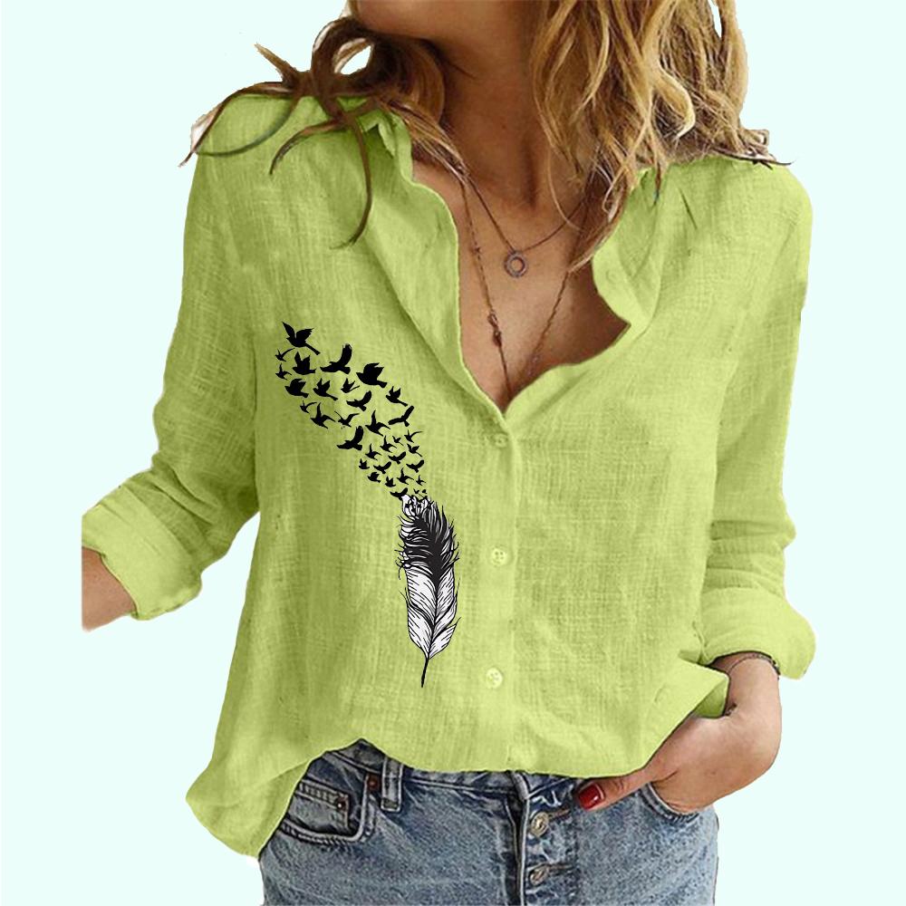Women Fashion Cotton Linen Thin Shirt Ladies Casual Flower Print Blouse
