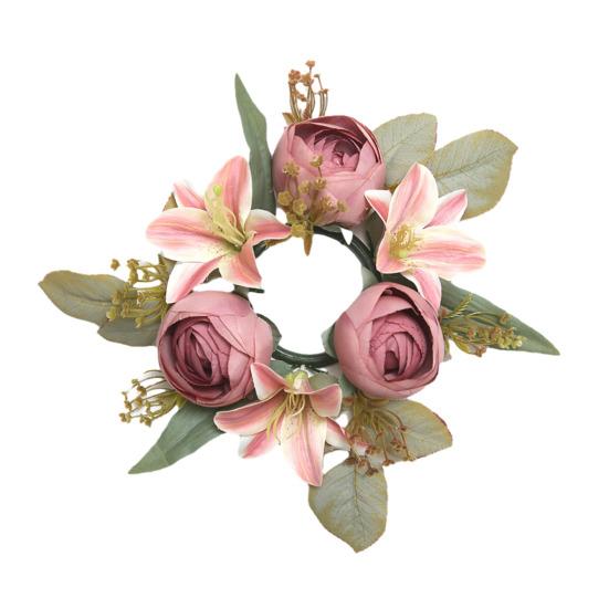 Mini Artificial Wreath Candle Ring Realistic Faux Lily Rose Garland with Plastic Base Candle Wine Decoration Weddings Party Dining Table Centerpiece