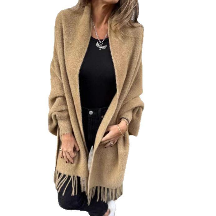 2025 Women's Imitation Mink Velvet Tassel Shawl Cloak - Solid Color, Thickened & Warm