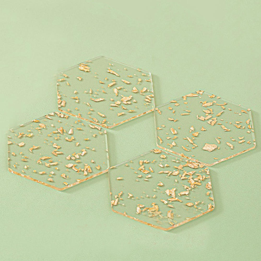 Round/Hexagonal Acrylic Coasters Clear Gold Foil Tableware Coffee Coasters