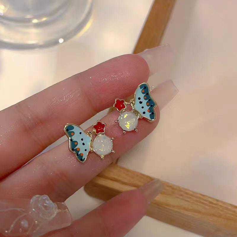 Enamel oil-dripping texture butterfly stud earrings silver needles small fresh and sweet temperament earrings Korean high-end versatile earrings