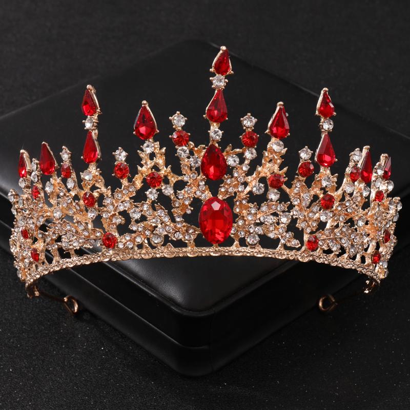Baroque Red Crystal Tiaras and Crowns Prom Rhinestone Bridal Diadem Crown Taira for Women Wedding Hair Accessories Jewelry Crown