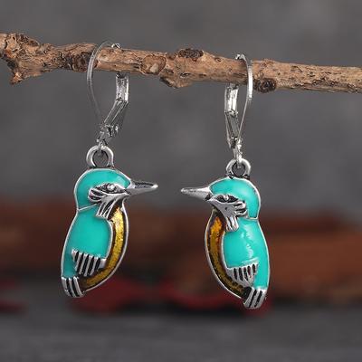 Vintage Ethnischer Stil Öl-Tropfverfahren Eisvogel Ohrringe Für Frauen Neue Bohemian Grüne Tier Hängeohrringe Schmuck