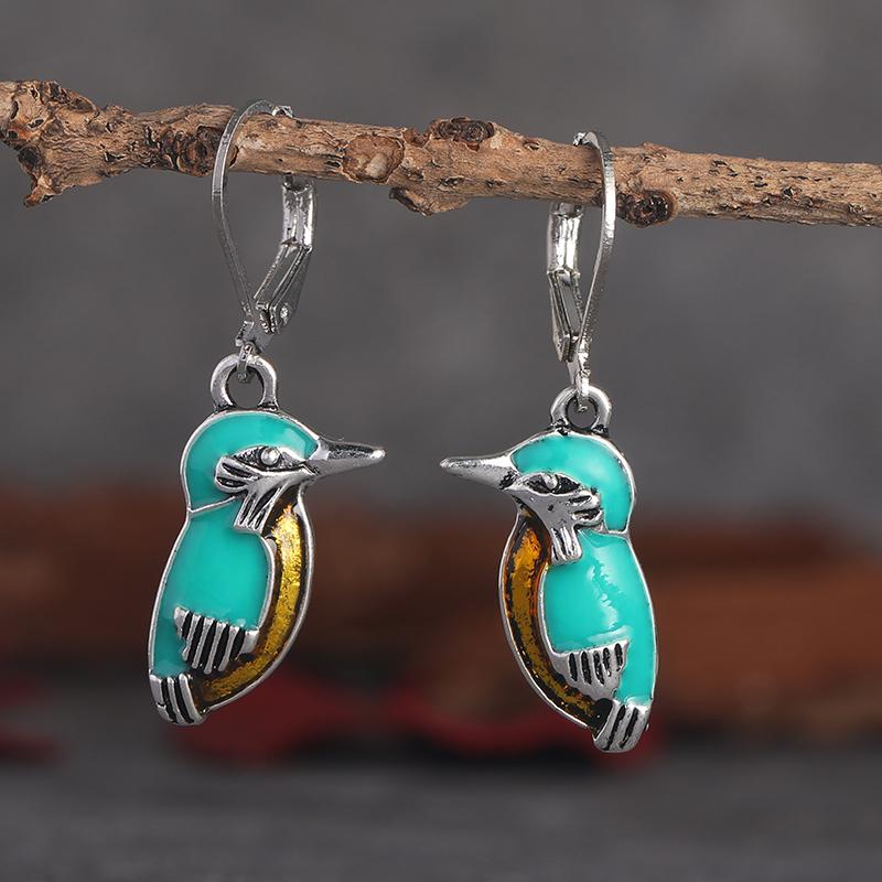 Vintage Ethnic Style Oil Drip Process Kingfisher Bird Earrings For Women  New Bohemian Green Animal Dangle Earrings Jewelry