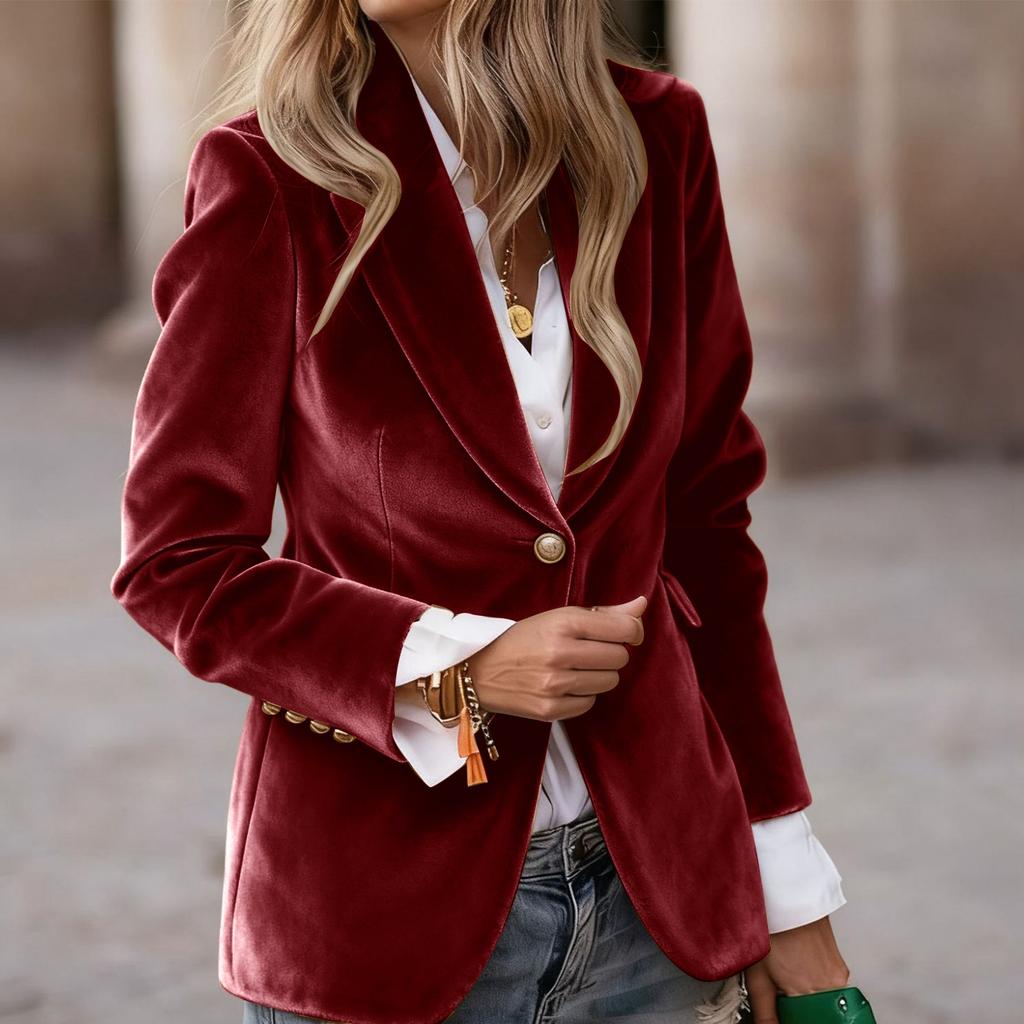 Women's Fashion Elegant Solid Color Long Sleeve Velvet Blazer Button Closure Notched Lapel Suit Jacket for Office Work Casual Wear