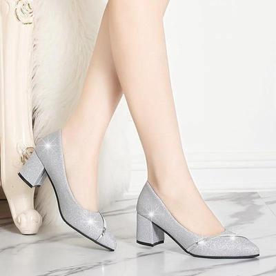 Women's Mid-heel Thick Heel Spring and Autumn Party Dress Shallow Mouth Casual Pointed Toe Fashion Rhinestone Women's Shoes