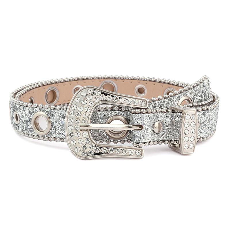 

Y2K Женский однотонный принт с заклепками Полный ремень из искусственной кожи с блестками Регулируемый пояс с блестками для клубной вечеринки серебряный