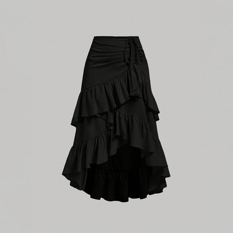 Women Spring Fall High Waist Gathered Bodycon Skirt with Ruffle Hem & Draped Detail