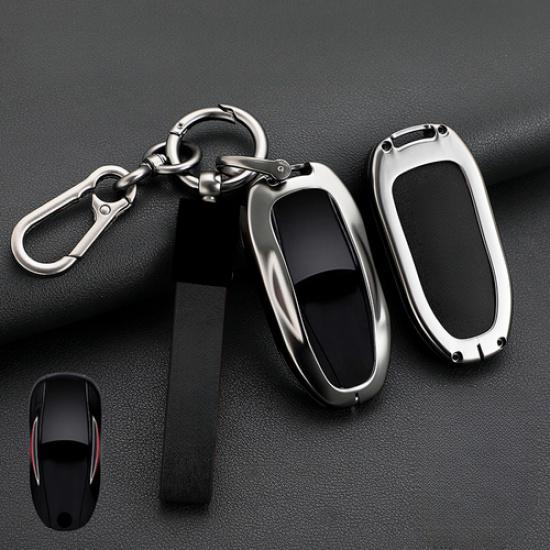Zinc Alloy Leather Car Key Case Cover Bag With Keychain For Tesla Model S 3