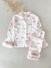 Girls' Pink And White Satin Pajama Set, Cute Pink Bow Print Open Front Collar Long Sleeve Top & Pants Winter Nighties With Fuzzy Cuff, 8Y-12Y Fall