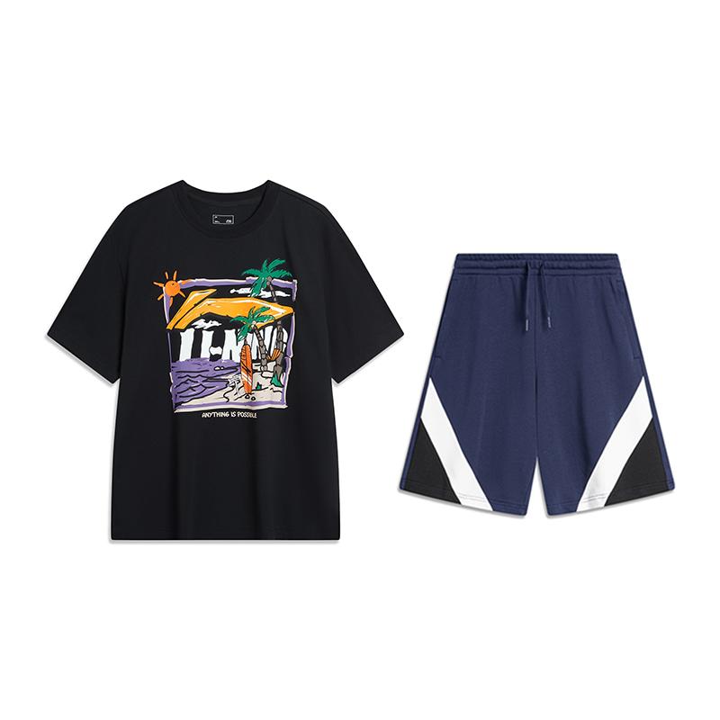 

Li-Ning American Vintage Hand-Painted Printed Short Sleeve Casual Sports Suit Unisex suit AHSU713-1+AKSU613-2