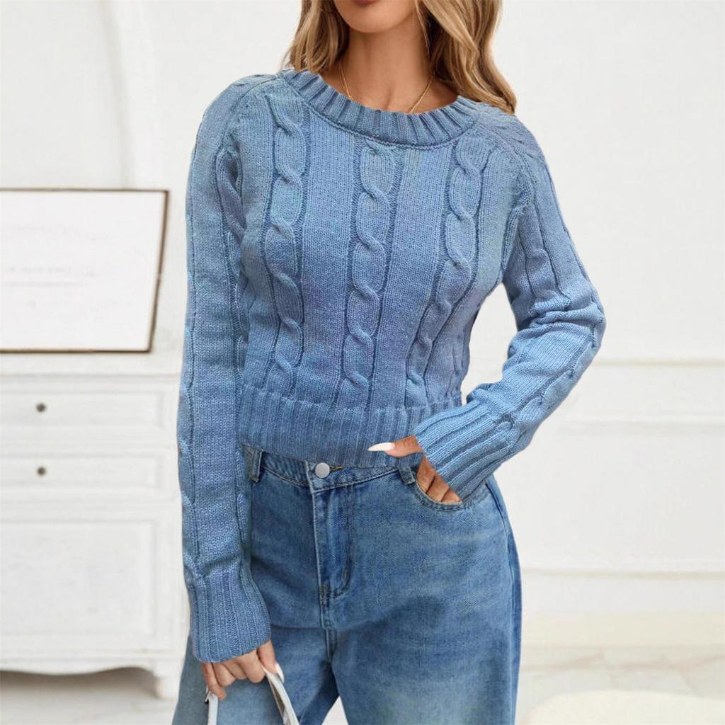 Women's Fashion Solid Color Round Neck Knitted Pullover Long Sleeve Sweater