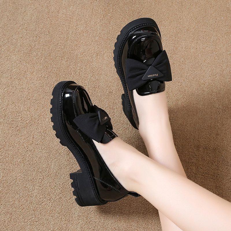 Soft Leather Single Shoes Women's Platform Loafers 2025 New Summer Mid-heel Women's Shoes Bow Bright Leather Shoes Women's Small Men